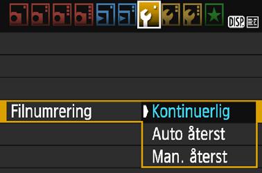 Praktiska funktioner 3 Filnumreringsmetoder Bildfilerna numreras från 0001 till 9999 i den ordning bilderna tas och sparas i en mapp. Du kan ändra hur filnumret tilldelas.