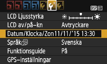 Observera att det datum/klockslag som läggs till i bilderna baseras på den här inställningen. Kom ihåg att ställa in rätt datum/klockslag. 1 Visa menyskärmen.