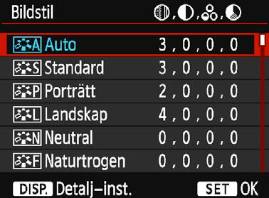 Tryck på knapparna <W> <X> för att välja en bildstil och tryck sedan på <0>. Bildstilen ställs in och menyn visas igen. Bildstilsegenskaper D Auto Färgtonen justeras automatiskt för att passa motivet.