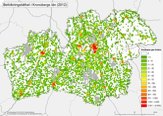 BEFOLKNINGSTÄTHET Befolkningstätheten i Kronobergs län är 22, invånare per km 2, vilket är strax under rikssnittet på 23,4 invånare per km 2.