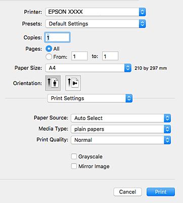 Utskrift 5. Välj Utskriftsinställningar i snabbmenyn. Drivrutinerna för Epson-skrivaren har inte installerats korrekt på Mac OS X v10.8.x eller senare om menyn Utskriftsinställningar inte visas.