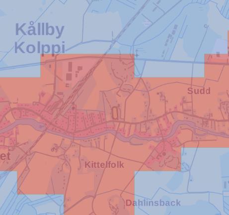 1-9 Bild 6. Bilden förevisar samhällsstrukturen. Röd färg; tätortsområden, blå färg; landsbygdsbebyggelse/glesbygdsbebyggelse. SYKE/YKR MML, Esri Finland. (Kartan har bearbetats).