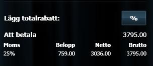 Totalrabatt Vill du ge en totalrabatt markerar du det lilla %-tecknet längst ned till vänster med texten Lägg totalrabatt.