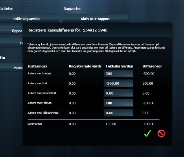 Justera differens i kassan Upptäcker du en diff. i kassan kan du innan du slår ut dagsavslutet göra en justering. Tänk på att du bara kan göra EN differensjustering.