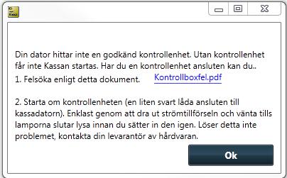 Starta Kassan För att kunna arbeta med Kassan måste du ha en certifierad Kontrollenhet ansluten till datorn. Det första Kassan gör när du startar den är att söka efter detta.