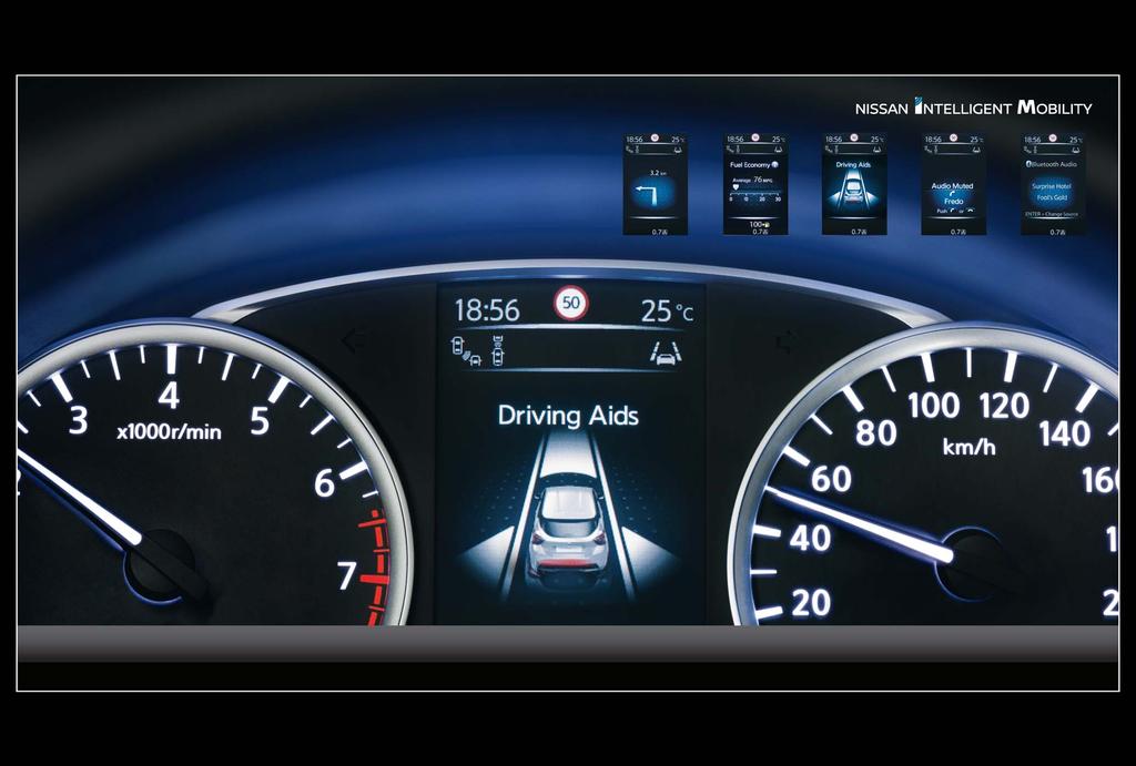 NISSAN DRIVE ASSIST HD-SKÄRM EN INNOVATION RAKT FRAMFÖR NÄSAN Den avancerade Drive Assist HD-skärmen är en funktion i nya MICRA som har utvecklats för att du ska kunna njuta av körningen utan att