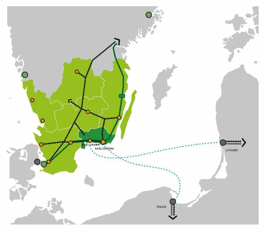 Blekinges infrastruktur med koppling till omvärlden Två och ½ järnvägar; Blekinge kustbana Kust till kustbanan Sydostlänken (Älmhult-Olofström) E22 Tre hamnar;