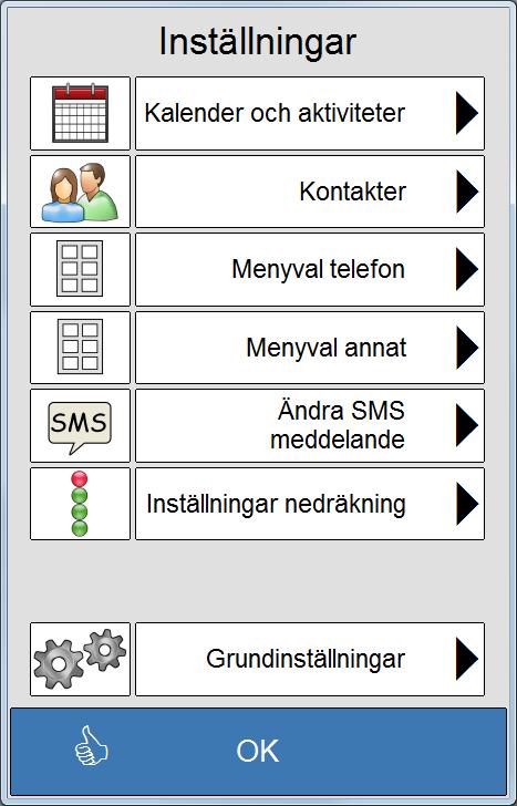 Inställningar för kalenderfunktionerna beskrivs i en egen bruksanvisning. Här kan Kontakter administreras om de inte ska vara tillgängliga via Menyn.