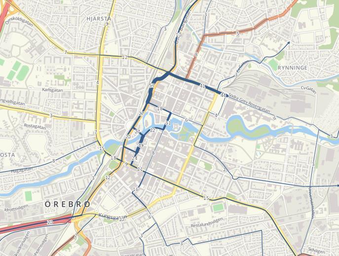 Karta 5: Antal express-, region- och stadbussar i maxtimma. Trängselsituationen i trafiken är generellt begränsad i Örebro.