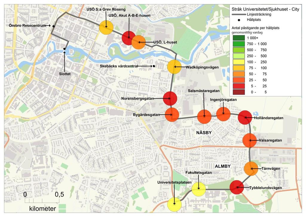 3.4.2 Vanligaste reserelationer De största reserelationerna är från Granrisvägen och Tallrisvägen i Brickebacken, Universitetsplatsen samt Tybble centrum, in till Våghustorget och Slottet.