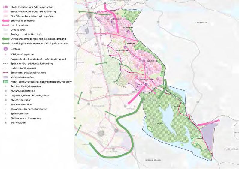 Tyresövägens barriäreffekter bör överbryggas. Det kan ske genom att stärka kopplingarna mellan stadsdelarna och till omkringliggande stadsdelar, men även till Nacka och Tyresö kommuner.