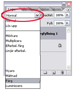 Blandningsläget ändras i lagerfönstrets rullgardinsmeny som börjar med Normal Sätt läget till Färg (color) När du blandar ditt