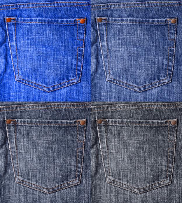 experimentlusta Resultatet varierar och det är intressant att se hur det blir En handkolorerad jeansficka 100% färgmättnad överst till vänster Följt av 60%, 40% och 20% Enfärgad satt till