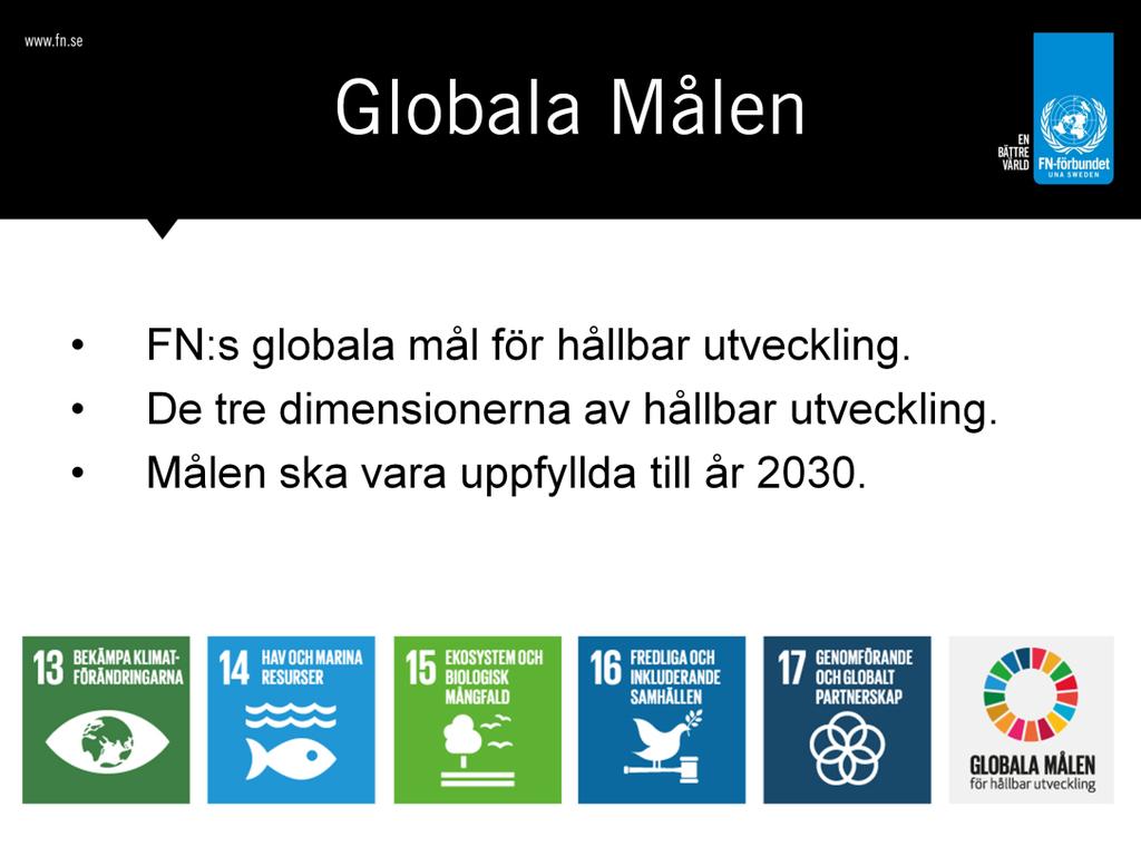 FN beslutade år 2015 om en utvecklingsagenda som ska bidra till en bättre och mer hållbar värld. Den här agendan heter Agenda 2030 och består av 17 mål och 169 delmål.