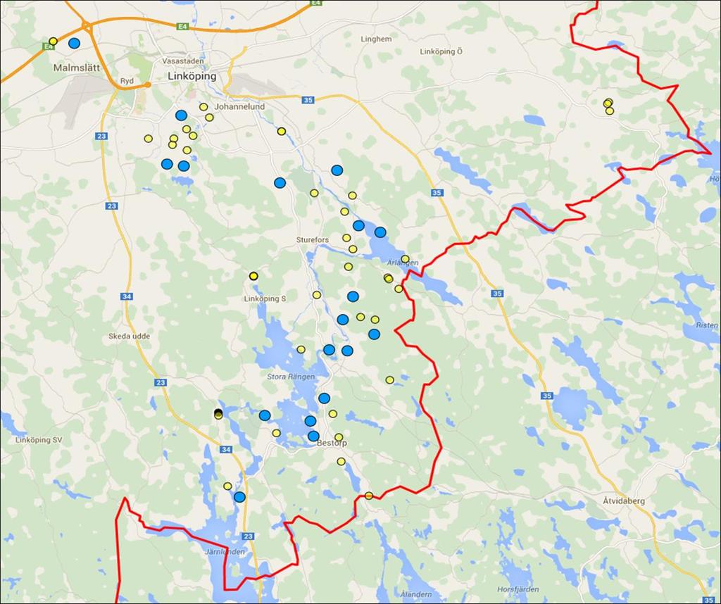 Figur 2. Fynd av läderbagge i Linköpings kommun. Gula punkter = enskilda fynd, blå punkter = samling av flera närliggande fynd. Utdrag från Artportalen, karta från Google Maps.