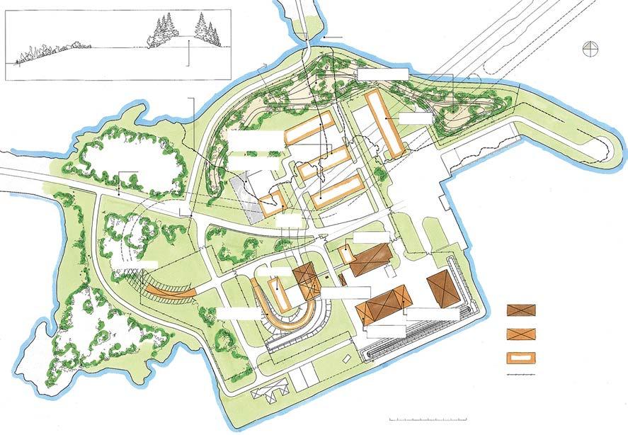 Principsektion Mot Biotestsjön Befintlig muddrad ränna för vattenomsättning N Ca 5 m hög vall ramar in upplagsytan och kläs med tillvarataget vegatationsskikt som kan beväxas + 7 Kullar med planterad