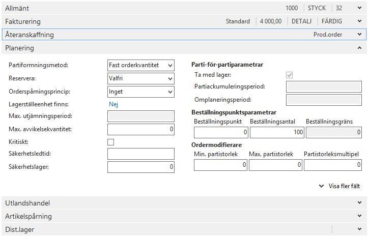 Operationsföljdsnr Prod.strukturnr Avrundning Bokföringsmetod Kassation Partistorlek Monteringsmetod eventuella relaterade komponenter beräknas eller inte.