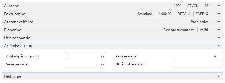 Fältförklaring fliken Artikelspårning: Fältnamn Artikelspårningskod Serie nr-serie Parti nr-serie Utgångsberäkning Funktion Innehåller koden som anger hur programmet ska spåra artikeln i lagret.