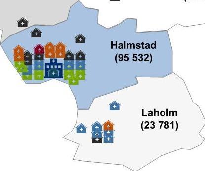 psykiatri, egen regi (13 st) Öppen psykiatri, privat regi (5 st) Halmstad (95 532) 100 000 inv. 80 000 inv. Laholm (23 781) 60 000 inv. 40 000 inv. 20 000 inv. 10 000 inv.