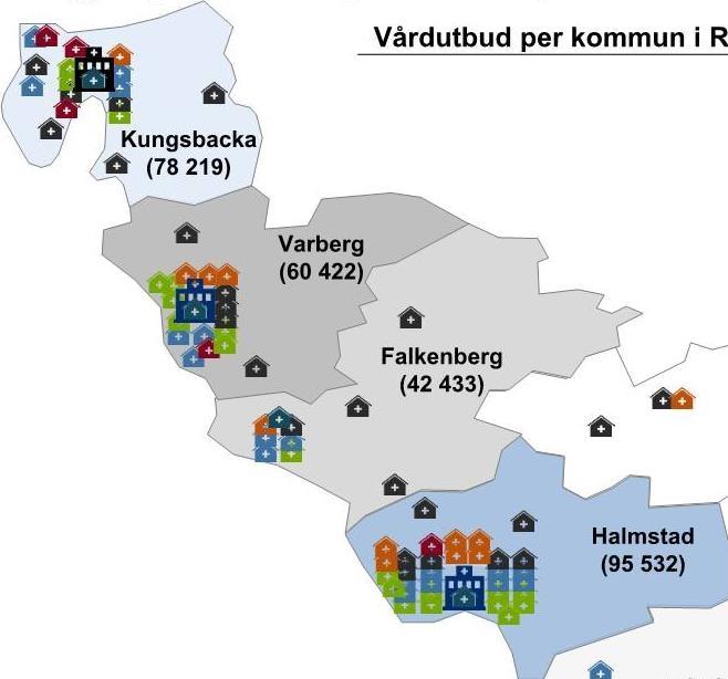 Vårdenheter inom dessa specialiteter som bedrivs i egen regi inom Hallands sjukhus Halmstad, Varberg och Kungsbacka har endast markerats med en symbol.