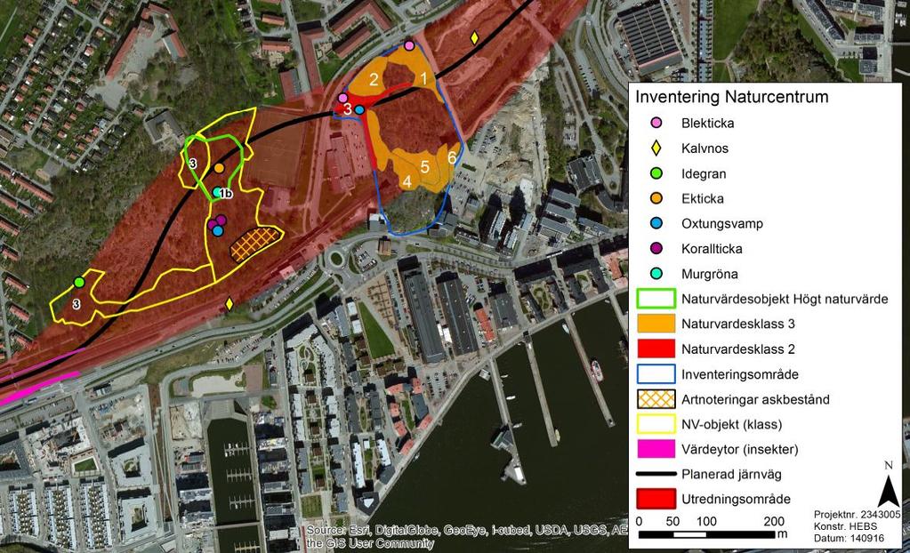 Figur 6.2.2. Resultat från naturinventeringar genomförda år 2013-2014 inom område för berg- och betongtunnlar längs nya Hamnbanan mellan Eriksberg - Pölsebo.