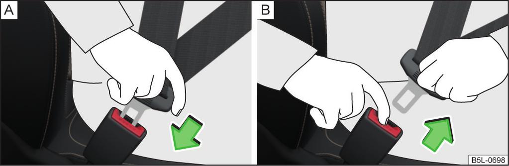 Spänna fast och ta av säkerhetsbälten Bild 6 Spänna fast/ta av säkerhetsbälte Läs och beakta först på sidan 12.