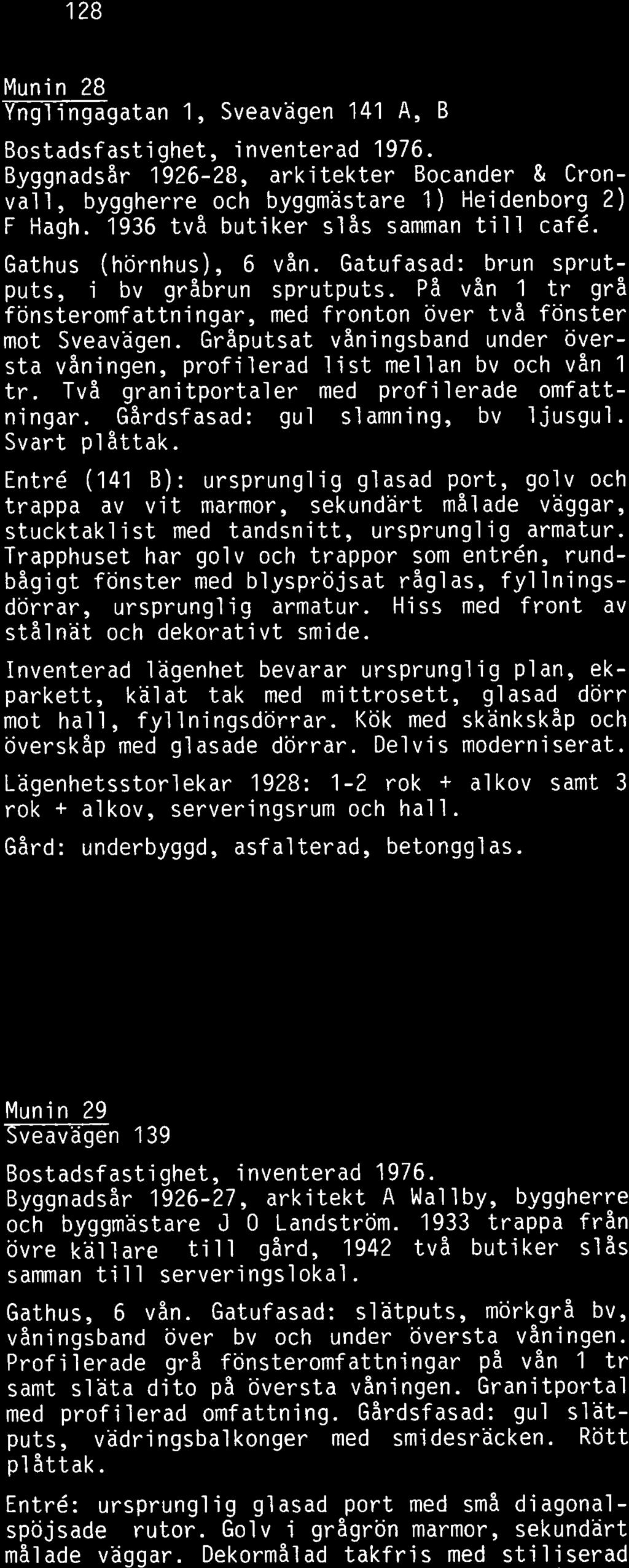 Munin 28 Ynglingagatan 1, Sveavägen 141 A, Byggnadsår 1926-28, arkitekter Bocander & Cronvall, byggherre och byggmästare 1) Heidenborg 2) F Hagh. 1936 två butiker slås samman till café.