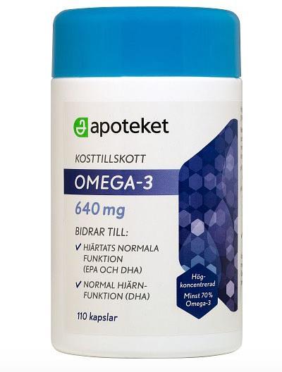 Omega 3 på marknaden Det ska vara EPA>DHA och prisjämförelsen utgår ifrån EPA 400 mg/d PRODUKT EPA/kapsel (mg) Apoteket Omega3 högkonc 320 2,25 Apoteket Omega3 120 2,69 Pikasol Forte 320 2,49 Pharbio