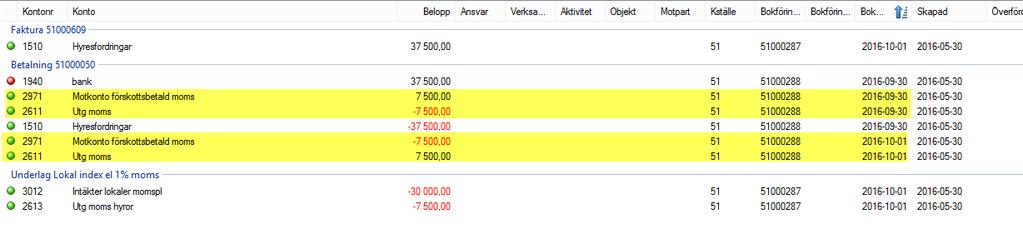 KORRIGERA PERIODISERAD OMSÄTTNING Om denna funktion aktiveras (aktiveras endast tillsammans med Skapa kontering för förskottsbetald moms ) flyttas även den momsgrundande