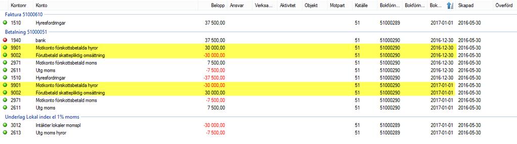 EXEMPEL BOKFÖRING Då förskottsbetalning inkommer flyttas omsättningen från ursprungsbokningen till betalningsperioden.