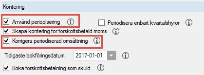 ANVÄND PERIODISERING I KOMBINATION MED KORRIGERA PERIODISERAD OMSÄTTNING Då båda dessa val är aktiva används ytterligare konton för att hantera