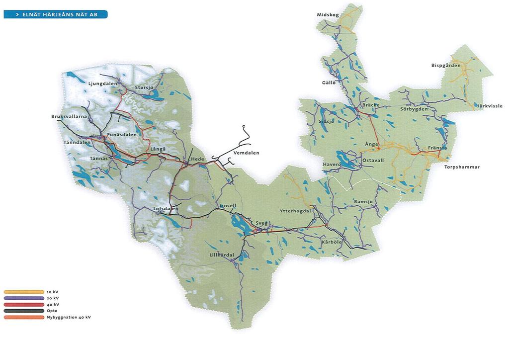 HÄRJEÅNS ELNÄT DISTRIBUTIONSOMRÅDE Härjeåns Elnät Lågspänningsledningar (LSP): 2.745 km Högspänningsledningar (HSP); isolerade 719 km, oisolerade 2.357 km Antal nätstationer: 1.