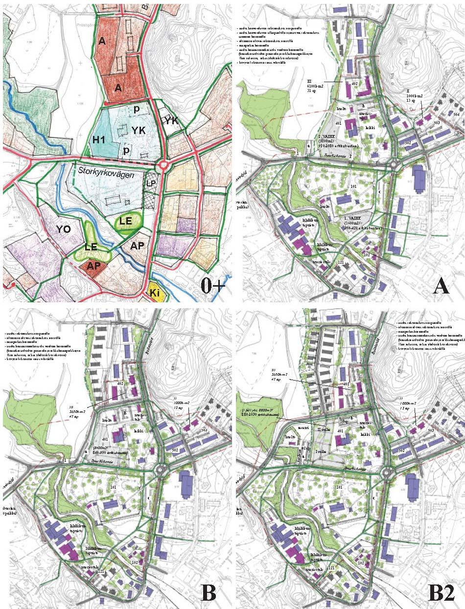 15 I början av planeringsarbetet uppgjordes utöver 0+ -alternativet 3 strukturmodeller, där de viktigaste variablerna var Storkyrkovägens sträckning och riktningen för begravningsplatsens utvidgning.