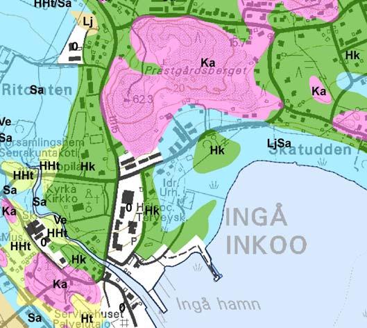 8 Enlig den översiktliga jordmånskartan utgör markgrunden huvudsakligen av sand (Hk). Prästgårdsberget är berg (Ka) och områdets västra del lera (Sa) eller silt (Hht).