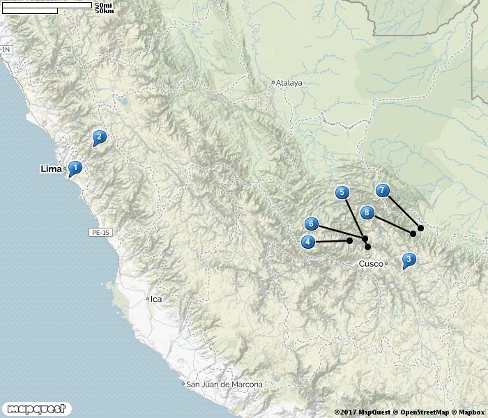 1. Pantanos de Villa, S of Lima 2. Santa Eulalia valley 3. Huacarpay lake 4. Machu Picchu 5. Ollantaytambo 6. Abra Malaga 7. Manu Road (upper) 8.