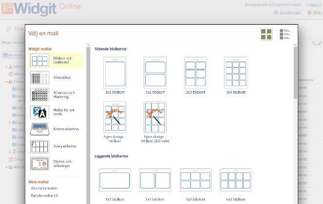Skapa ett rutnät Widgit Online innehåller en mängd färdiga mallar som du använder för att skapa symbolmaterial som ex kort, arbetsblad och scheman.