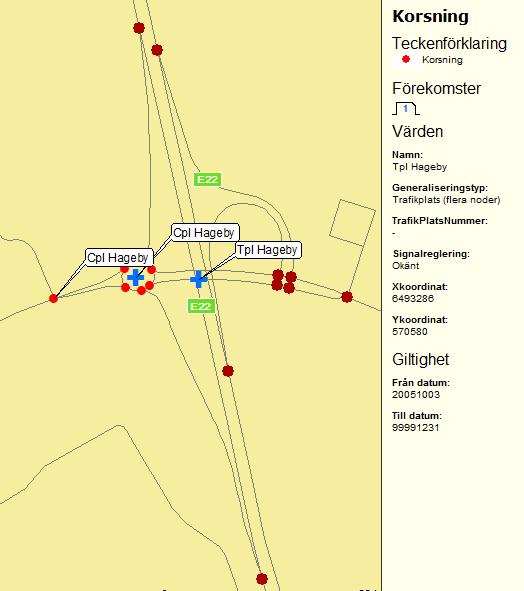 HANDLEDNING 162 (246) Korsningen av typen Trafikplats Företeelsen registreras på alla noder som utgör trafikplatsen (oavsett väghållare på anslutande väg).