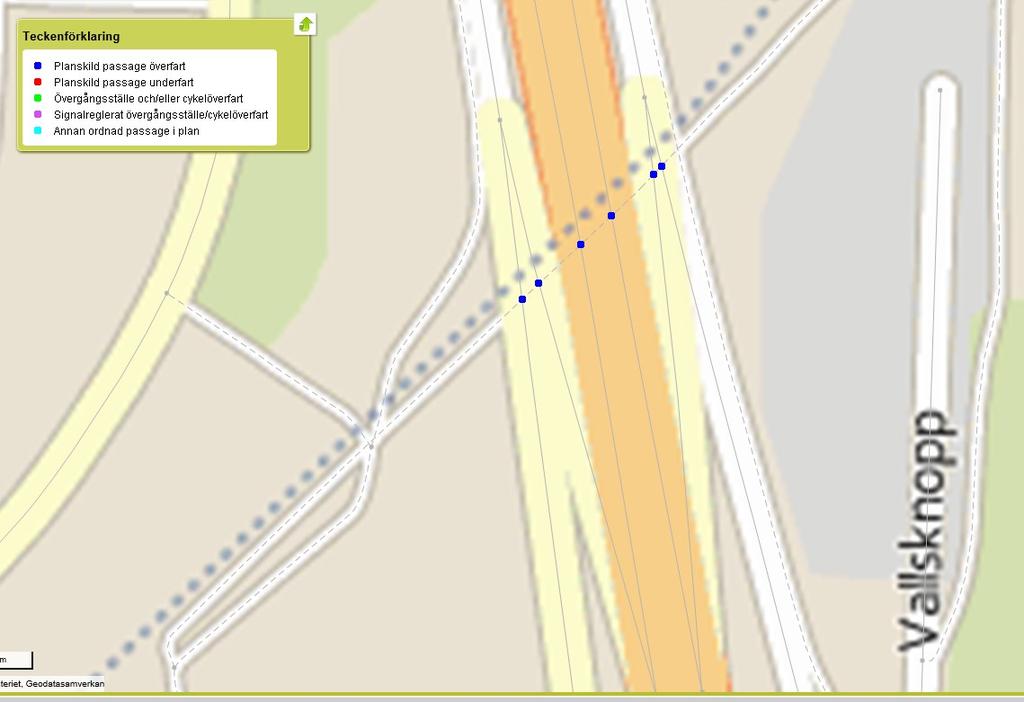 HANDLEDNING 244 (246) TDOK 2013:0381 8.0 Ännu ett exempel: Nedan går en cykelväg utmed en järnväg som går över Nynäsvägen väster om Skogskyrkogården.