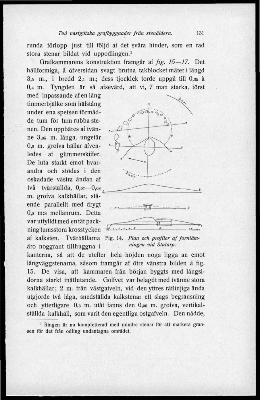 Två västgötska grafbyggnader frän stenåldern. 131 runda förlopp just till följd af det svåra hinder, som en rad stora stenar bildat vid uppodlingen. 1 Grafkammarens konstruktion framgår af fig. 15 17.