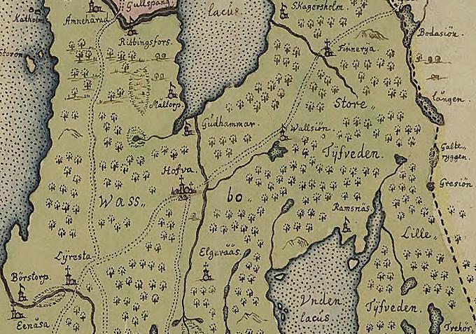 H är ser vi en landskapskarta över nrra Västergötland från slutet av 1600- talet. På Stra Tiveden finns det ett ställe markerat mellan Hva ch Finnerödja. Det är säteriet Vallsjön.
