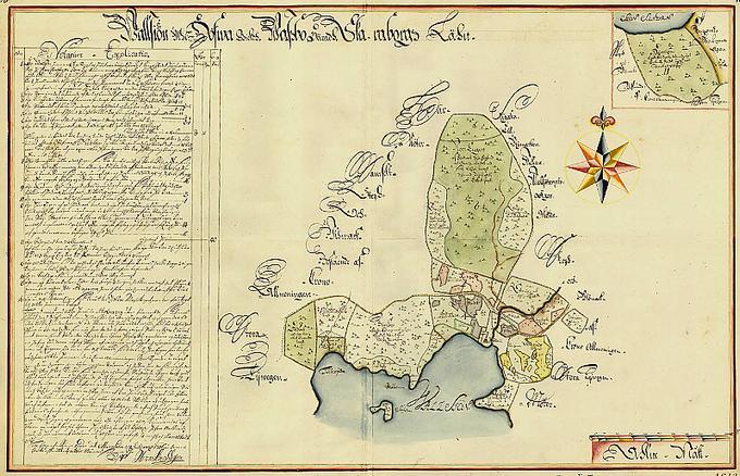 Karta. Mätning av ägrna1706. Det är Herrängen sm syns infällt uppe i högra hörnet på kartan.