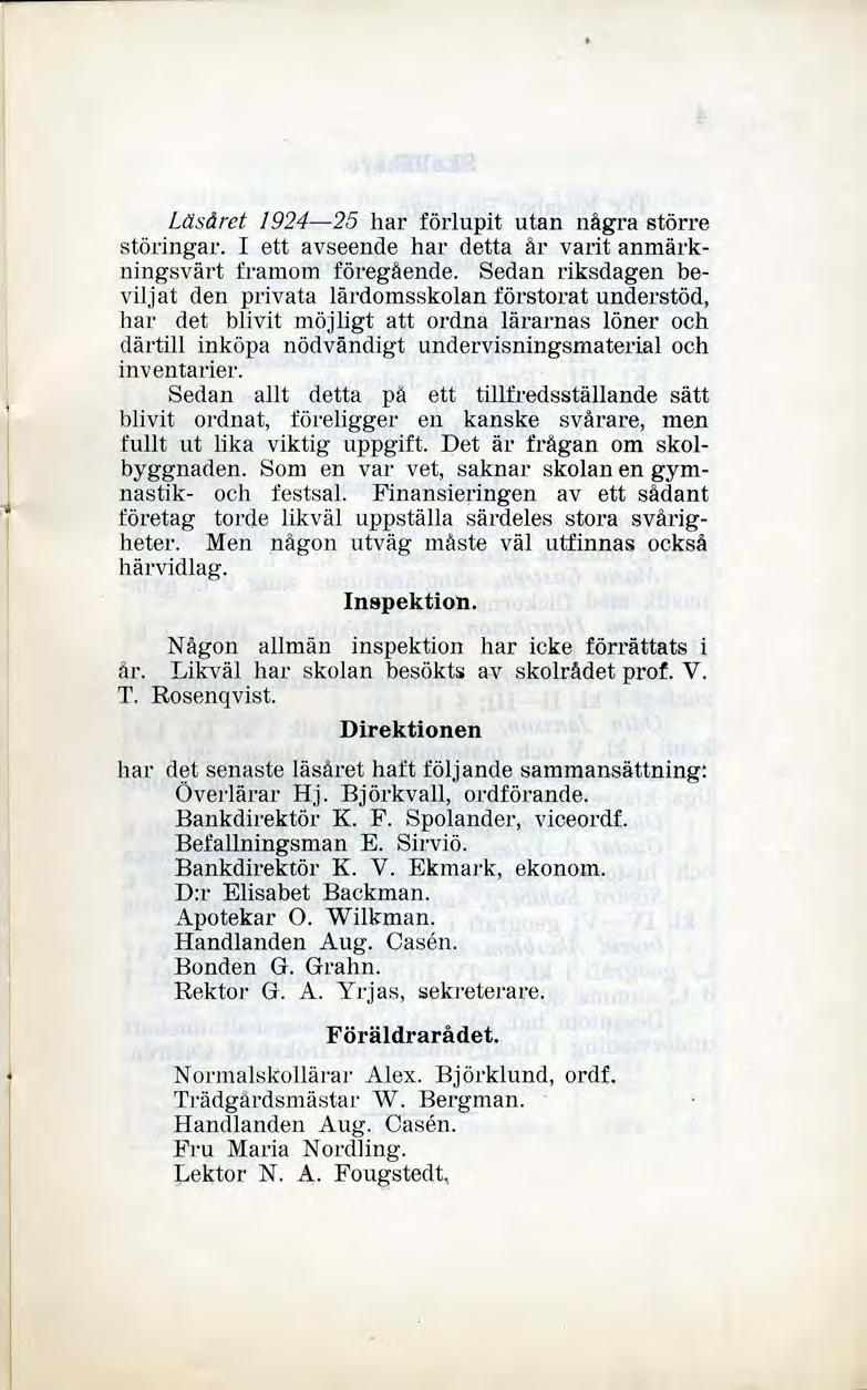 Läsåret 1924-25 har förlupit utan några större störingar. ett avseende har detta år varit anmärkningsvärt framom föregående.