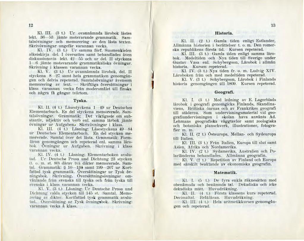 12 Kl.. (3 t.) Ur ovannämnda lärobok lästes lekt. 36-53 jämte motsvarande grammatik. Samtalsövningar och memorering av den lästa texten. Skrivövningar ungefär varannan vecka. Kl. V. (3 t.) Ur samma förf.