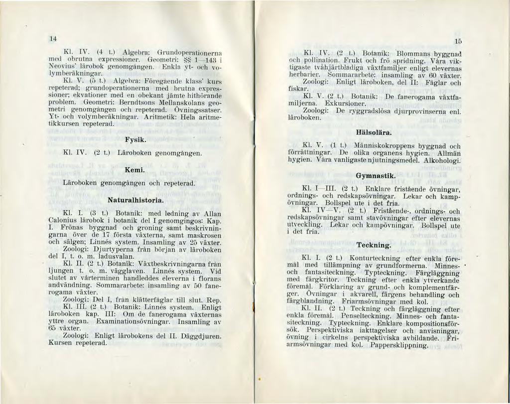 14 Kl. V. (4 t.) Algebra: Grundopeeationerna med obrutna expressioner. Geometri: ~ 1-143 i Ncovius' lärobok genomgången. Enkla Y t- och volymbel'äkningar. Kl. V. (5 t.