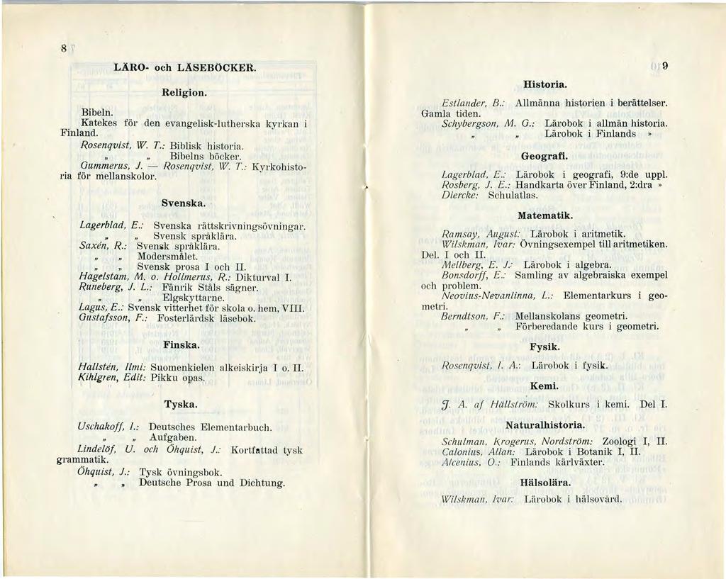 -8 LÄRO och LÄSEBÖCKER. Religion. Bibeln. Katekes för den evangelisk-lutherska kyrkan Finland. Rosenqvist, W. T.: Biblisk historia. Bibelns böcker. Oummerus, J. - Rosenqvist, W. T.: Kyrkohistoria för mellanskolor.