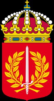 från nedre vänstra hörnet framkommande hand av silver hållande en eklövskrans av guld.