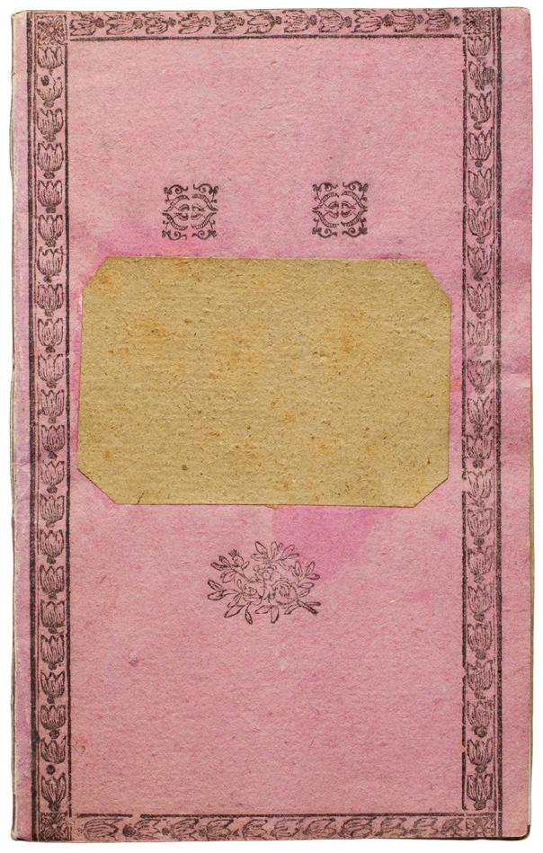 POSTER OCH ÖVRIGT 237 242 237 [ANONYM]. Handskrift, 10,5 x 16,9 cm, rosa omslag med tryckt bård och vinjett, den främre med pappersetikett klistrad ovanpå.
