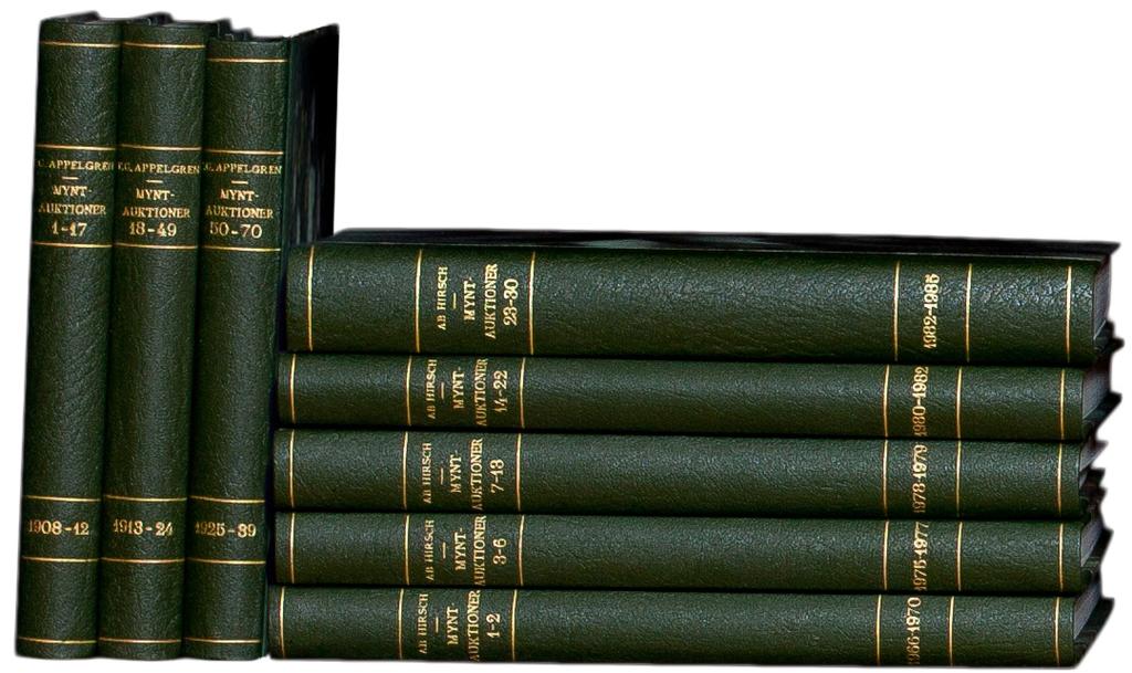 298, 446 298 Appelgrens auktionskataloger 1-70 (71a). Stockholm 1908-1939. Inbundna i tre gröna halvklotband. Skicket på de olika katalogerna varierar. En del av dem är pristecknade.