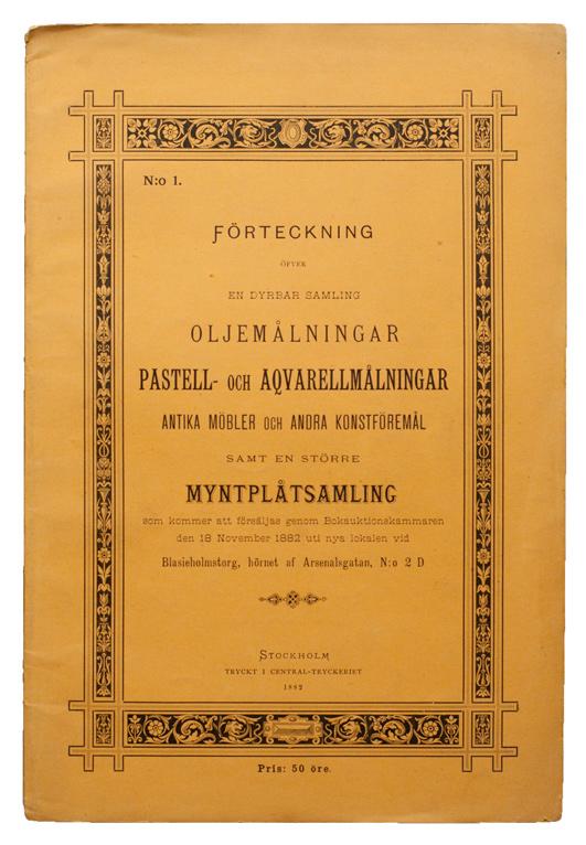 Bukowskis auktionskataloger 308 1874, 20 och 22 maj. J. E. Arfwedsons samling av svenska polletter. 24 s. 1130 nr. Främre omslaget saknas, det bakre skadat. Fuktfläckar. He 2146.