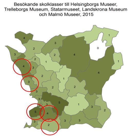 UPPTAGNINGSOMRÅDE FÖR PROGRAMVERKSAMHET FÖR ENSKILDA MUSEER Kartläggningen visar att skolklasser i framförallt de fyra folkrikaste kommunerna, Malmö, Lund, Kristianstad och Helsingborg besökt flera